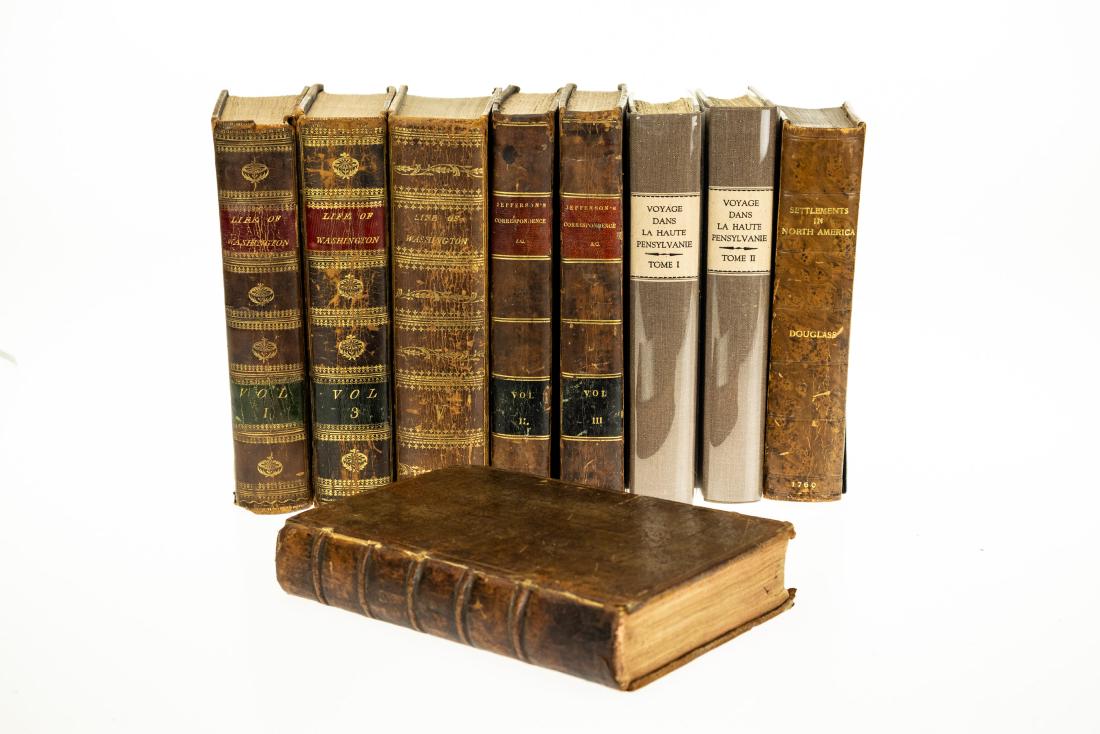 9V Collectible History EARLY AMERICAN HISTORY Colonial: 9V Collectible History EARLY AMERICAN HISTORY Colonial Leather-Bound Gilt Decorative Thomas Jefferson George Washington British Settlements North America William Douglass Revolutionary War John Marsha