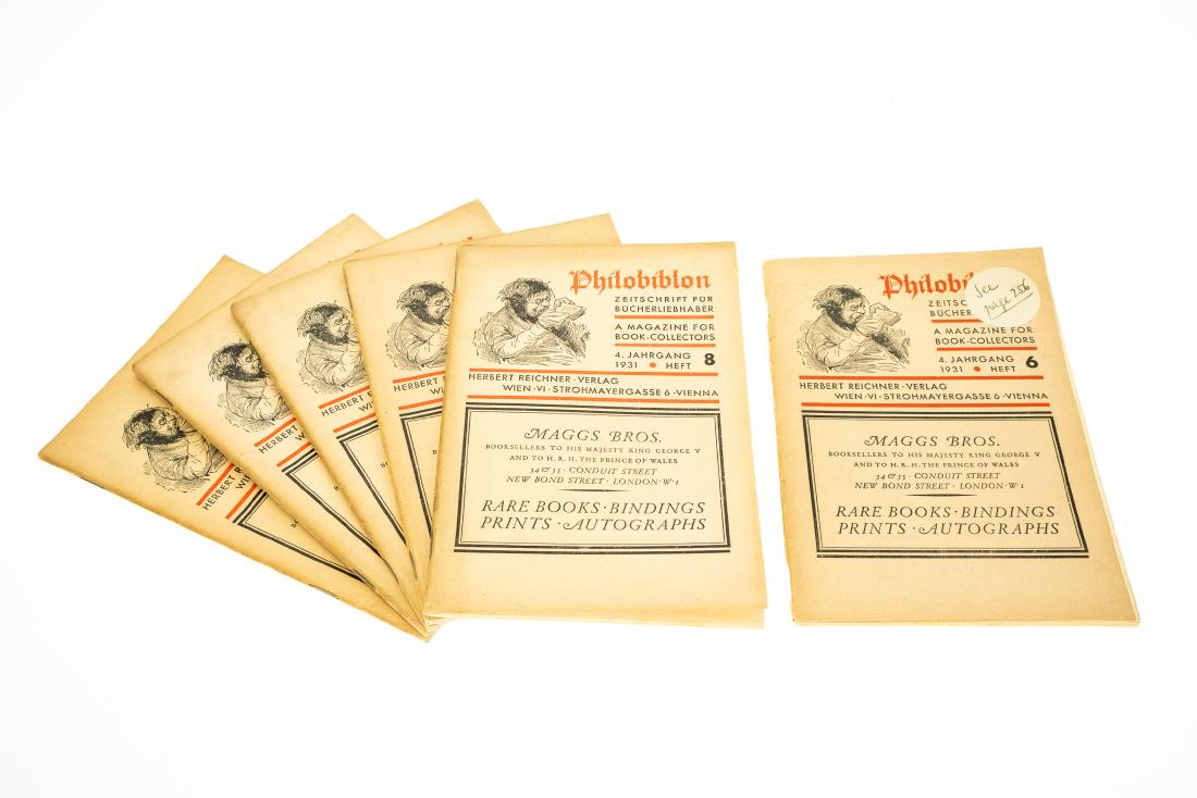 6V Antique Journal Issues PHILOBIBLON ZEITSCHRIFT FUR: 6V Antique Journal Issues PHILOBIBLON ZEITSCHRIFT FUR BUCHERLIEBHABER A MAGAZINE FOR BOOK-COLLECTORS Scarce Pre-WWII IVJahrgang 1931 5 Copies of IVJahrgang 1931 Articles Facsimile Illustrations Geofro
