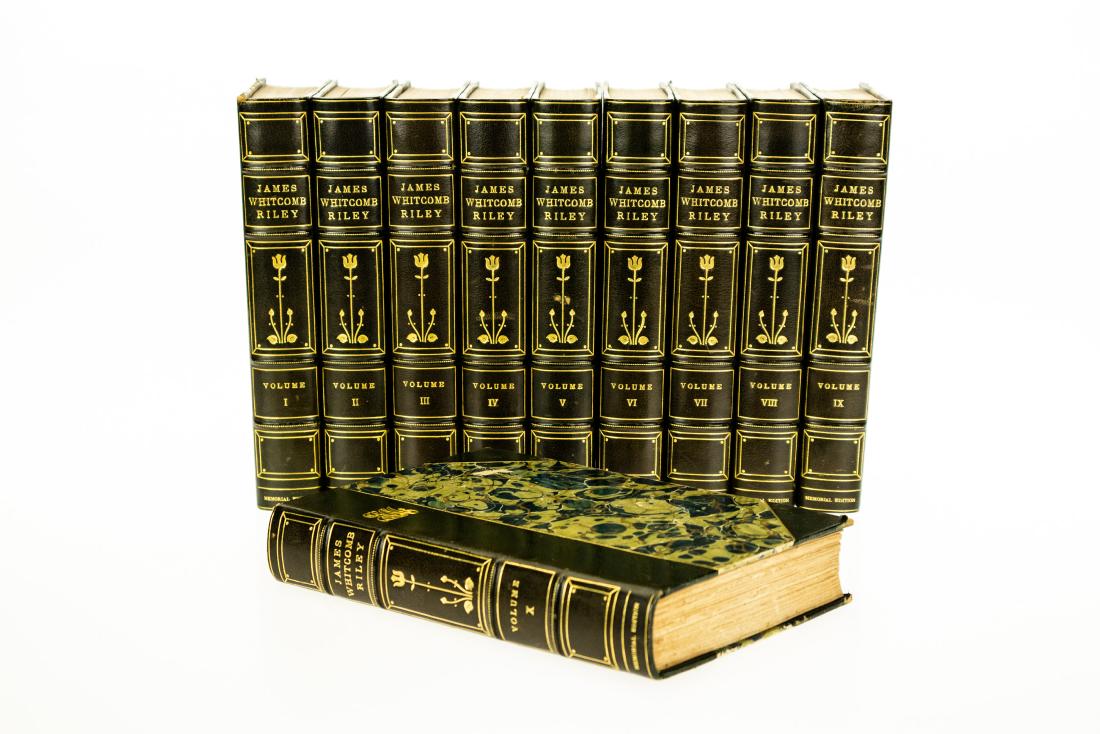10V James Whitcomb Riley THE COMPLETE WORKS OF JAMES: 10V James Whitcomb Riley THE COMPLETE WORKS OF JAMES WHITCOMB RILEY 1916 Complete Set Luxuriant Binding Leather Gilt Marbled Paper Antique Illustrated Literature Poetry Howard Chandler Christy Ethel F