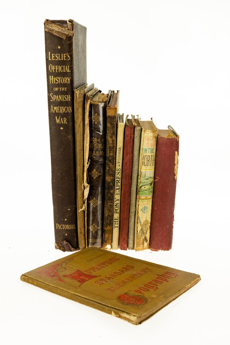 11V ANTIQUE ESTATE BOOKS Childrens Victorian: 11V ANTIQUE ESTATE BOOKS Childrens Victorian Chromolithograph Dore Bible Gallery Pony Express Spanish-American War Alice in Wonderland Maps Atlases Folio Arctic Regions Frederick Schwatka Mother Goose
