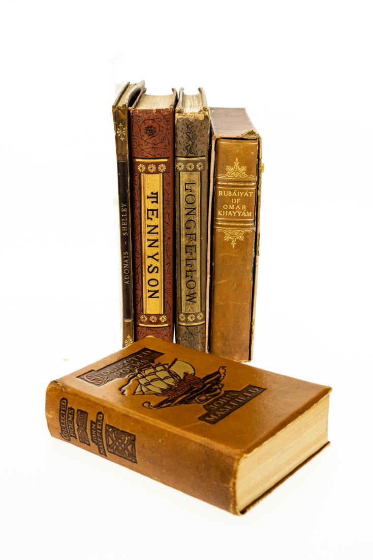 5V Collectible Books DECORATIVE ANTIQUE POETRY Gilt: 5V Collectible Books DECORATIVE ANTIQUE POETRY Gilt Leatherbound Embossed John Masefield Rubaiyat of Omar Khayyam Edward Fitzgerald Illustrated Edmund Dulac Gilt Tooling Slipcase Henry Wadsworth Longf