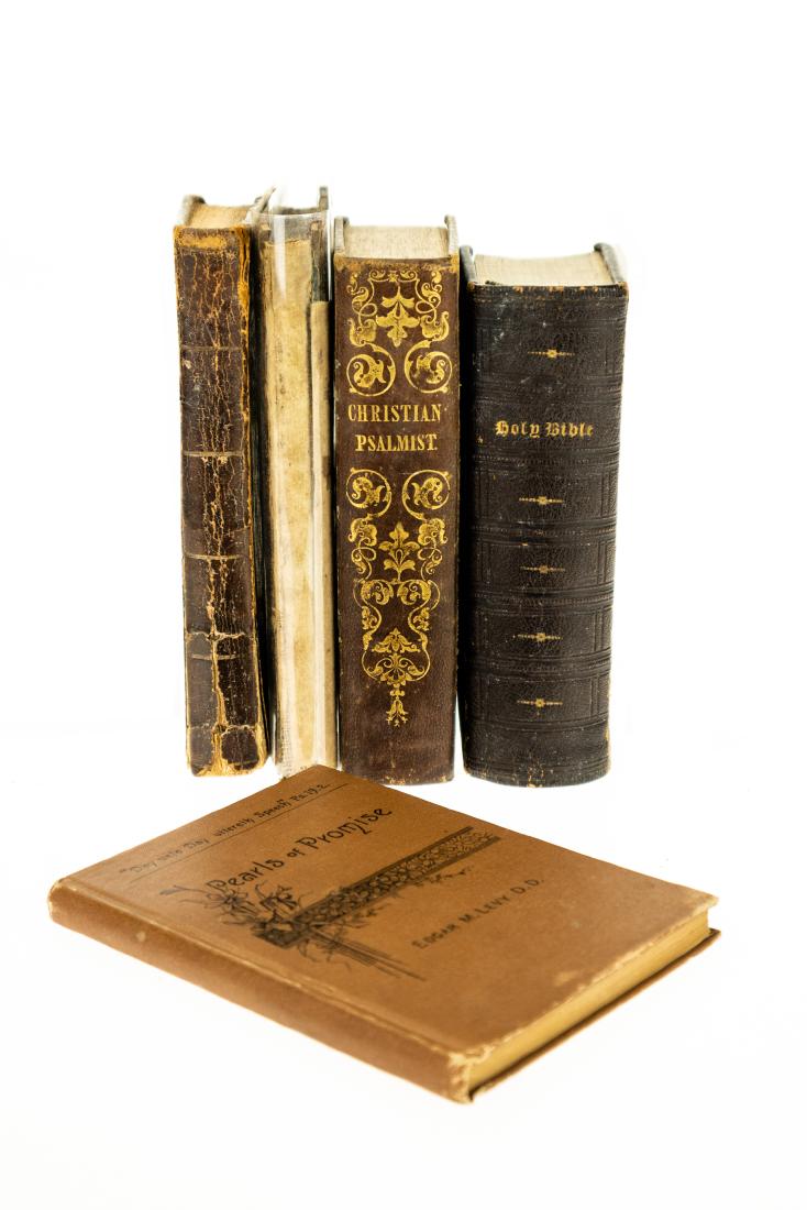 5V Religion ANTIQUE THEOLOGY Leatherbound Gilt: 5V Religion ANTIQUE THEOLOGY Leatherbound Gilt Decorative Pearls of Promise Scripture Edgar M Levy 1886 Christs Famous Titles William Dyer 1743 Holy Bible Inscription 1856 Christian Psalmist Hastings 