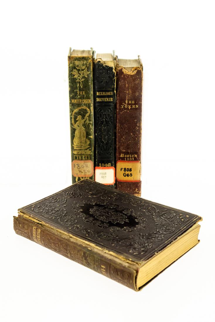 4V Decorative Books ANTIQUE ANNUALS AND GIFT BOOKS: 4V Decorative Books ANTIQUE ANNUALS AND GIFT BOOKS Blindstamped Leather Gilt Edges Tooling Illustrated Tissue-Guarded Plates Token and Atlantic Souvenir Poetry Friendship Religion Wintergreen Stories 