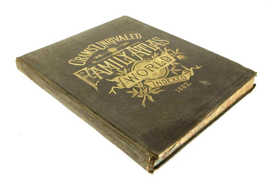 CRAMS UNRIVALED FAMILY ATLAS OF THE WORLD 1887: CRAMS UNRIVALED FAMILY ATLAS OF THE WORLD 1887 Decorative Gilt Maps Historical Diagrams Statistics Illustrations Color Great Condition Internally Buildings Population Laws Livestock Presidents Holy La