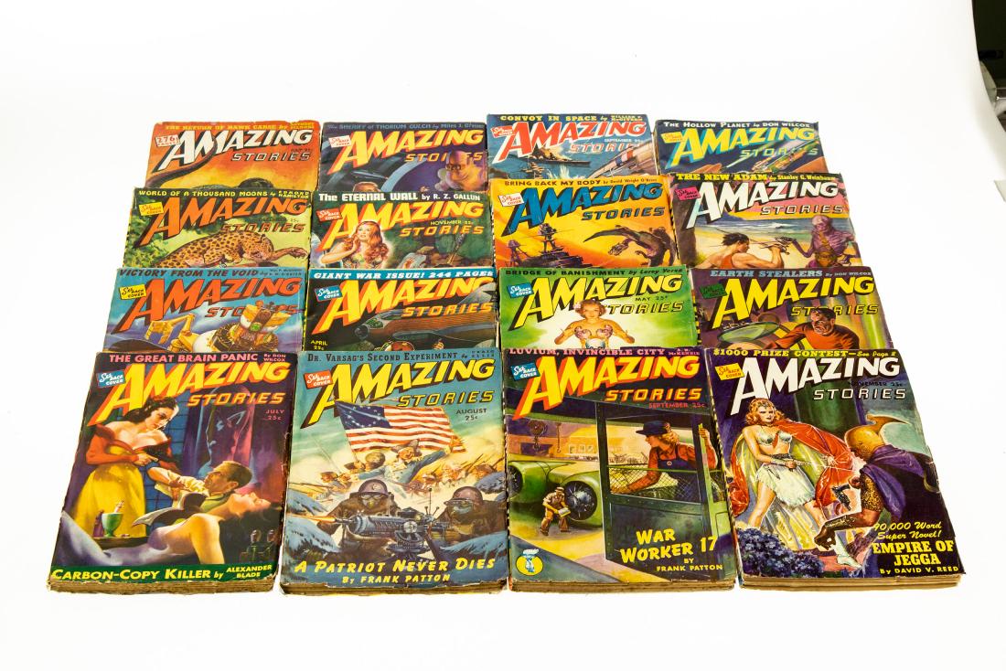 16V Antique Magazine Issues AMAZING STORIES Sci-Fi: 16V Antique Magazine Issues AMAZING STORIES Sci-Fi Fantasy Fiction 1942-1943 Original Covers Vivid Color Collectible Edgar Rice Burroughs John York Cabot Eando Binder Robert Moore Williams Nelson S Bo