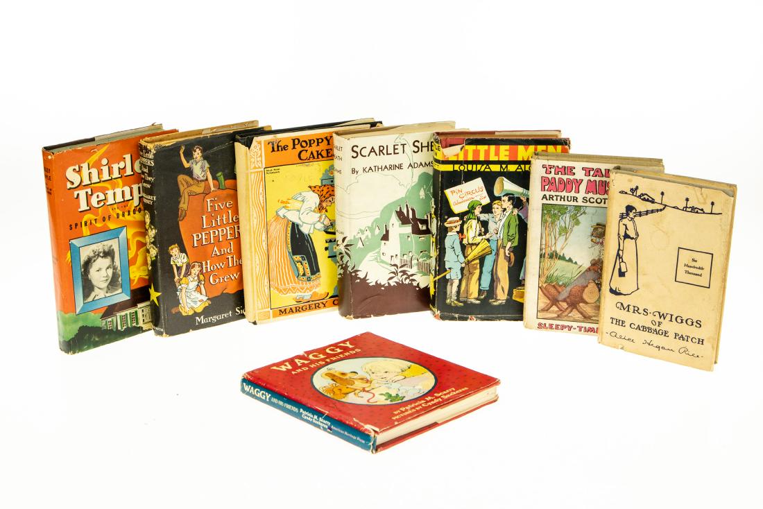 8V DECORATIVE ANTIQUE CHILDRENS IN DUST JACKETS: 8V DECORATIVE ANTIQUE CHILDRENS IN DUST JACKETS Illustrated Mrs Wiggs of the Cabbage Patch Alice Hegan Rice Scarlet Sheath Katharine Adams Decie Merwin Poppy Seed Cakes Margery Clark Maud and Miska Pe