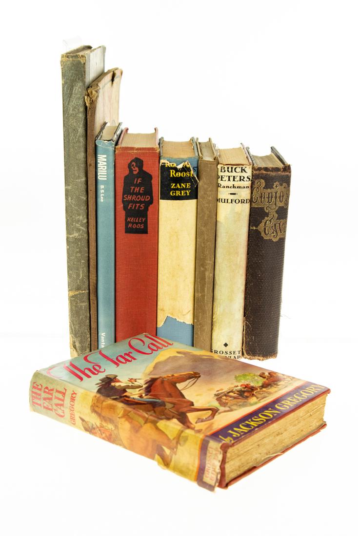 9V COLLECTIBLE ANTIQUE FICTION Westerns Dust Jackets: 9V COLLECTIBLE ANTIQUE FICTION Westerns Dust Jackets Victorian Gilt Decorative Illustrated Robbers Roost Zane Grey Far Call Jackson Gregory Buck Peters Ranchman Clarence E Mulford John Wood Clay Maril