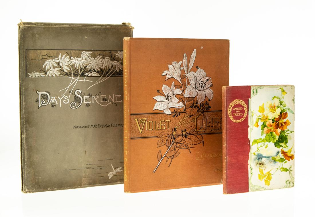 3V DECORATIVE VICTORIAN BINDINGS POETRY Gilt Silver: 3V DECORATIVE VICTORIAN BINDINGS POETRY Gilt Silver Illustrated Chromolitho Folios Flowers Insects Nature Among the Trees William Cullen Bryant Jervis McEntee Engraved by Harley Days Serene Margaret M