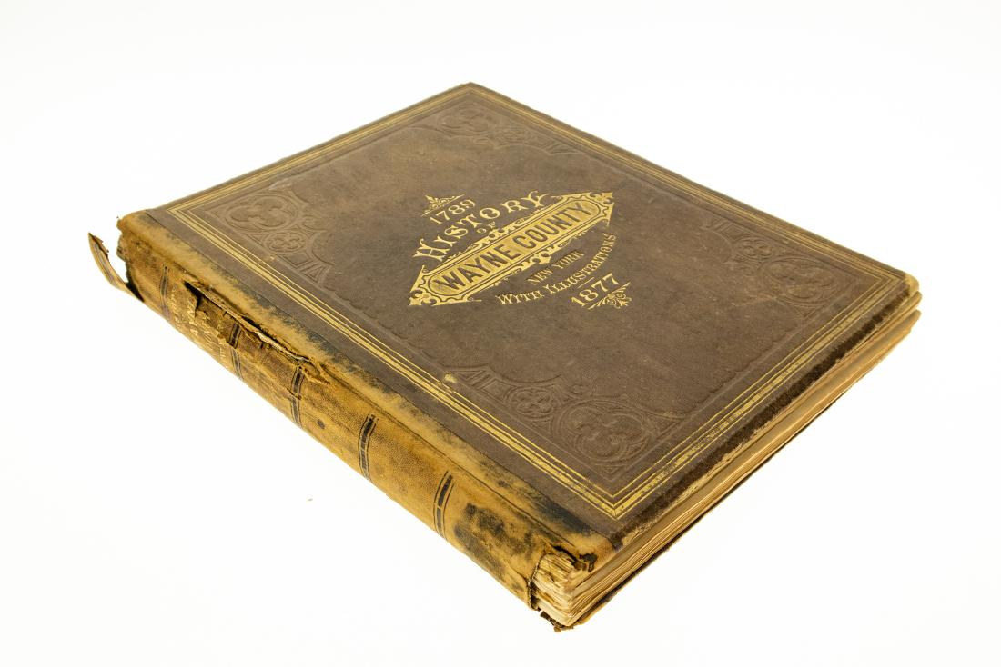 HISTORY OF WAYNE COUNTY NEW YORK 1789 TO 1877 1877: HISTORY OF WAYNE COUNTY NEW YORK 1789 TO 1877 1877 First Edition Folio Decorative Gilt Antique Oversized Illustrated Maps Views Scenery Lake Ontario Palmyra Birthplace Mormon Church Hudson Railroad Mi