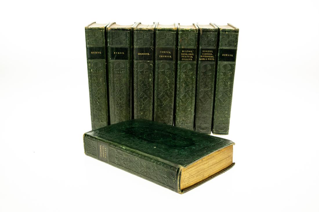 8V Collectible ANTIQUE LITERATURE IN DELUXE PRIVATE: 8V Collectible ANTIQUE LITERATURE IN DELUXE PRIVATE BINDINGS Uniform Full Leather Deep Relief Debossing Gilt Tissue‾Guarded Frontispieces Poetry Byron Goldsmith Rogers Campbell Montgomery Lamb K