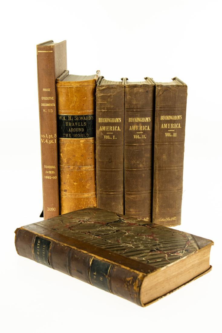 6V ANTIQUE AMERICAN HISTORY Leatherbound Gilt America: 6V ANTIQUE AMERICAN HISTORY Leatherbound Gilt America Historical Statistic Descriptive J S Buckingham Complete Merchant′s Magazine Commercial Review Freeman Hunt Seafaring Trade William H Se