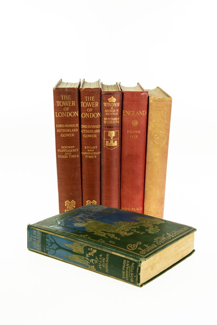 6V DECORATIVE ANTIQUE BRITISH TRAVEL Victorian Gilt: 6V DECORATIVE ANTIQUE BRITISH TRAVEL Victorian Gilt Illustrated Spell of England Julia de Wolf Addison Fold‐Out Map Unknown Norfolk Donald Maxwell England Frank Fox Windsor Painted by George