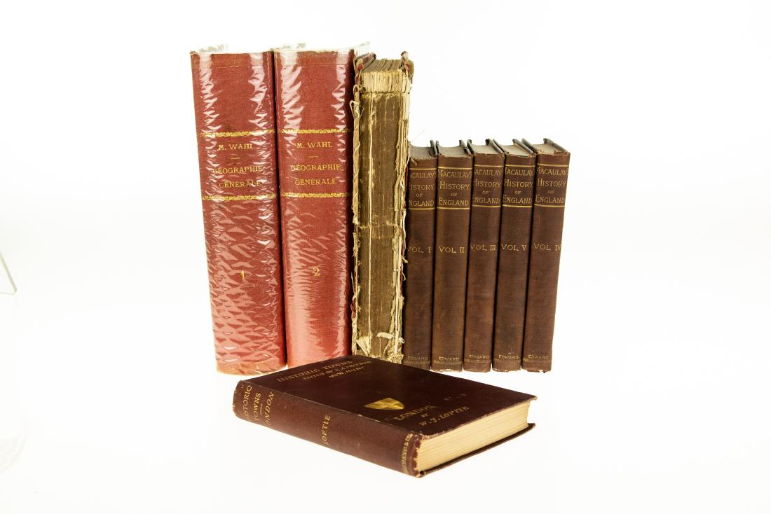 9V ANTIQUE HISTORY Decorative Leatherbound Gilt: 9V ANTIQUE HISTORY Decorative Leatherbound Gilt History of England Thomas Babington Macaualay Complete Historic Towns London W J Loftie Fold‐Out Map Nouvelle Geographie Generale Maurice Wahl