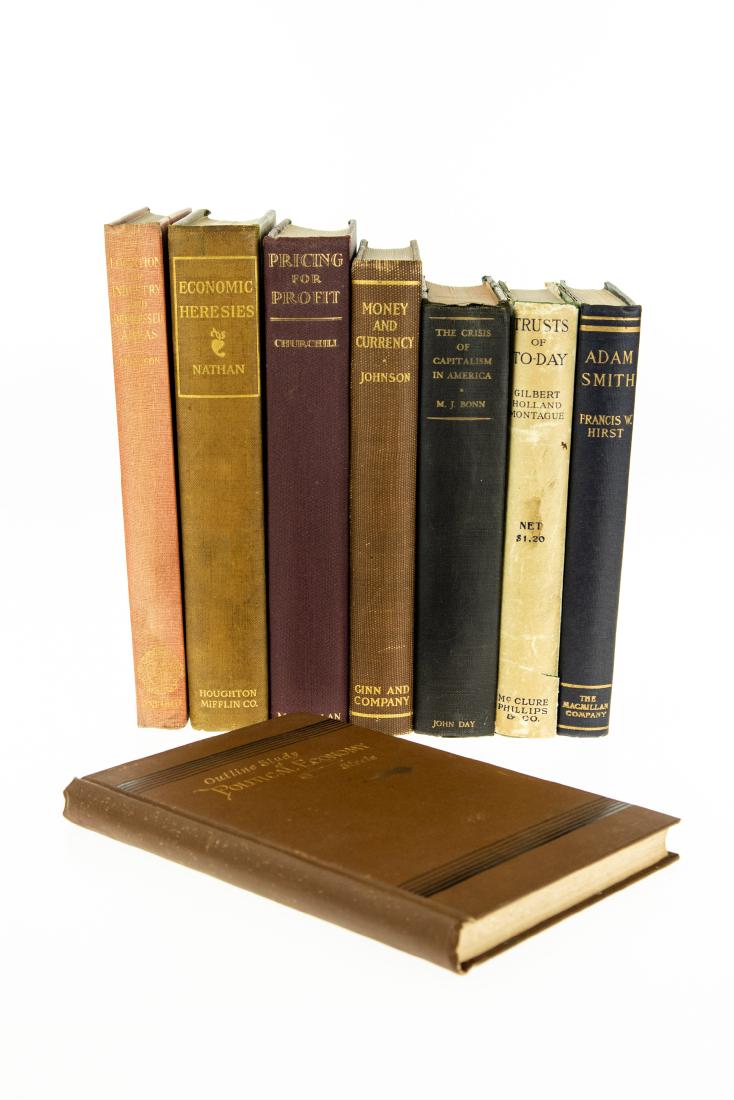 8V ANTIQUE HISTORY OF COMMERCE AND FINANCE First: 8V ANTIQUE HISTORY OF COMMERCE AND FINANCE First Edition First Printing Scarce Economics Capitalism Adam Smith Money Lending Decorative Antique Gilt Political Economy George M Steele Trusts Financial 