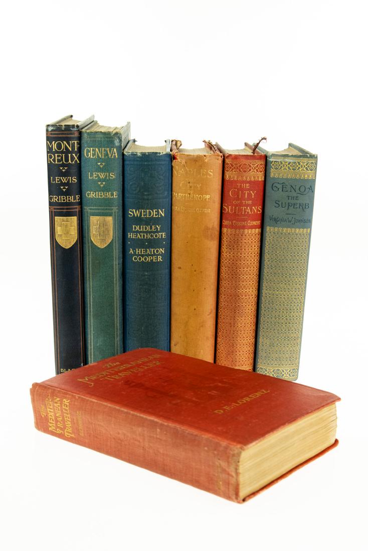 7V DECORATIVE ANTIQUE EUROPEAN TRAVEL Elaborate Gilt: 7V DECORATIVE ANTIQUE EUROPEAN TRAVEL Elaborate Gilt Illustrated Photographs Mediterranean D E Lorenz Fold‐Out Maps Genoa Virginia W Johnson Constantinople Turkey Clara Erskine Clement Naple