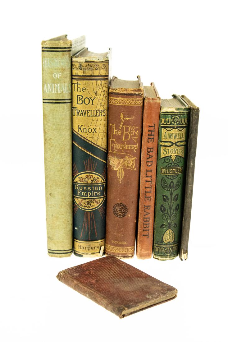 7V DECORATIVE ANTIQUE CHILDREN′S Gilt: 7V DECORATIVE ANTIQUE CHILDREN′S Gilt Illustrated Chromolitho Plates Teacher′s Gift First Lessons Geography James Monteith Color Maps Whistler Manly Boy Walter Aimwell Bad Little R