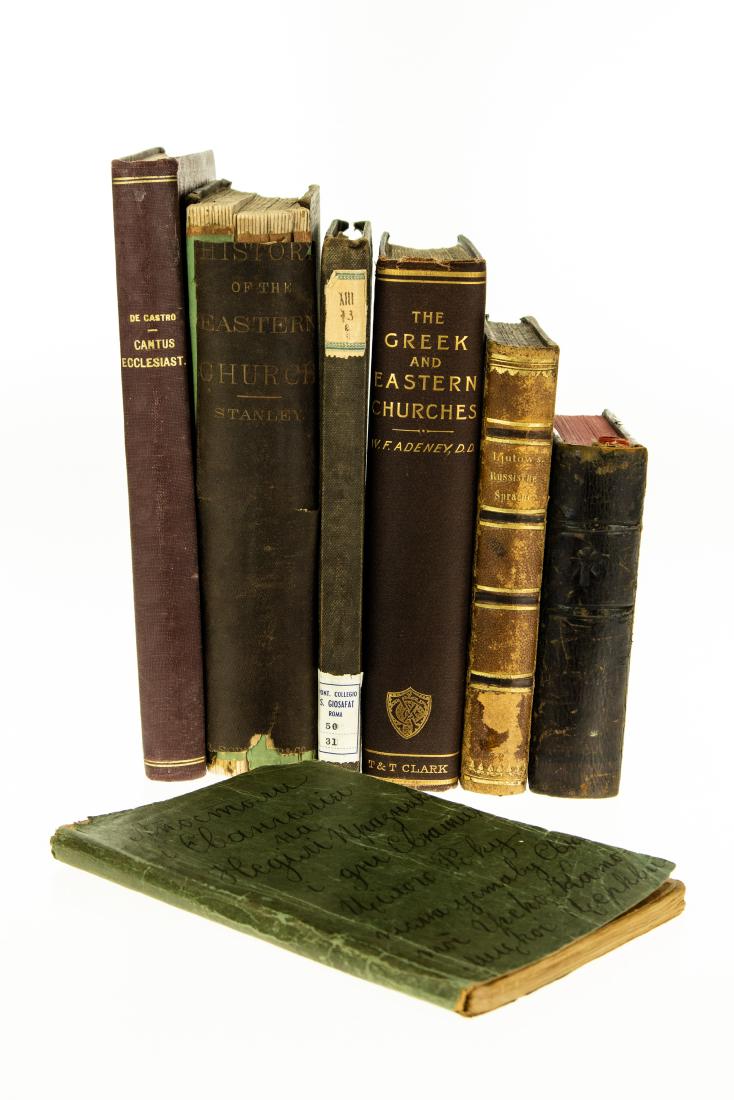 7V ANTIQUE EASTERN ORTHODOX CATHOLIC CHURCH Decorative: 7V ANTIQUE EASTERN ORTHODOX CATHOLIC CHURCH Decorative Gilt Leatherbound Greek Lectures Ecclesiastical History Arthur Penrhyn Stanley Walter F. Adeney Methodus Cantus Ecclesiastici Graeco‐Sl