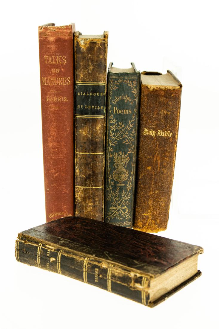 5V ANTIQUE ESTATE BOOKS First Edition Leatherbound: 5V ANTIQUE ESTATE BOOKS First Edition Leatherbound Bible Decorative Victorian Gilt Contemplations State of Man Jeremy Taylor Poetical Works Samuel Taylor Coleridge Herman Hooker Infernal Conference Di