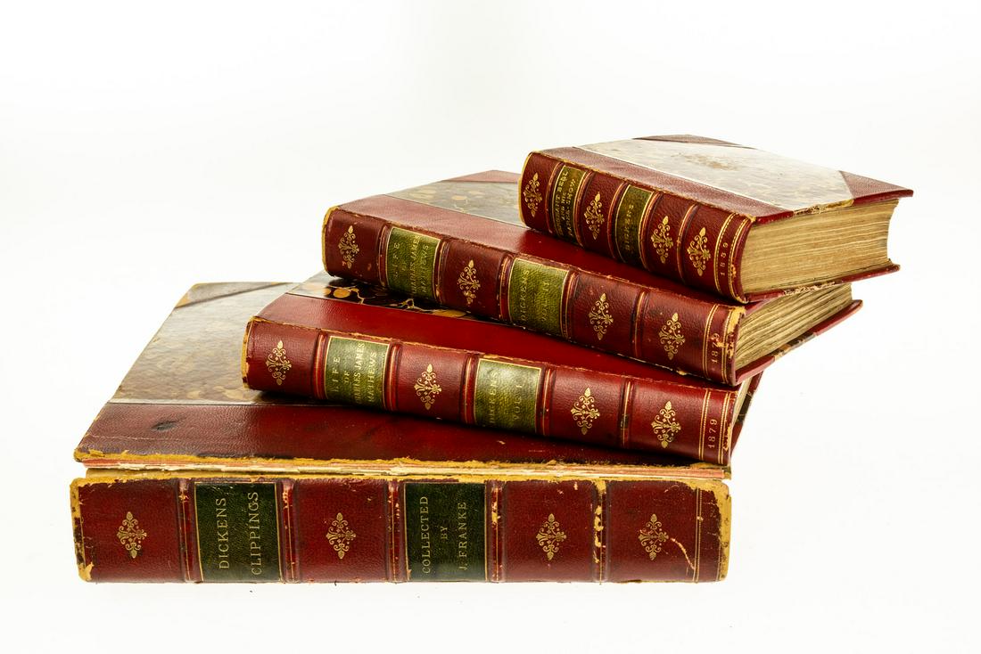 4V Charles Dickens DECORATIVE ANTIQUE BINDINGS: 4V Charles Dickens DECORATIVE ANTIQUE BINDINGS Scrapbook Theatre Chromolithographs Charles James Mathews Sergeant Bell Raree‐Show Mogridge Book Details: This handsome group of books contains fo
