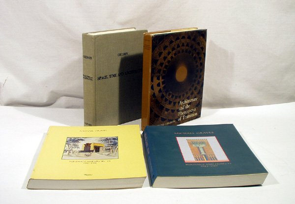 4V Michael Graves ARCHITECTURE Siedion Transition: "This auction lot includes the following group of titles: - Space, Time and Architecture by Sigfried Giedion - Dated 1967 by Harvard University Press - Architecture and the Phenomena of Transition