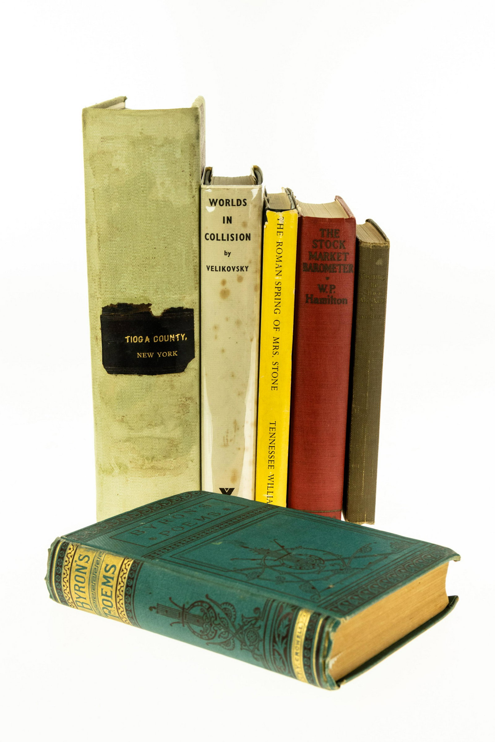 6V COLLECTIBLE VINTAGE & ANTIQUE ESTATE BOOKS: 6V COLLECTIBLE VINTAGE & ANTIQUE ESTATE BOOKS finance Stock Market Crash Tennessee Williams Roman Spring Mrs. Stone First Edition worlds in Collision Immanuel Velikovsky First British Edition R. W