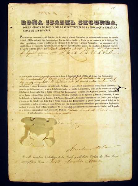 ANTIQUE SPANISH ROYAL DECREE GRANTING MILITARY ORDER: Book Details: This lot includes the 19th-century Spanish document shown in the corresponding image(s). This is a royal decree, dated June 11, 1854, granting a military order, "la Real y Militar orden 