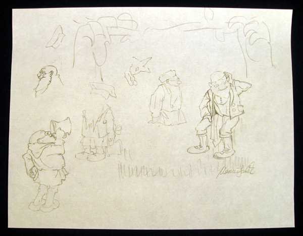 Maurice Sendak JAPANESE/GERMAN BEER MAN 1997 Original: Details: This lot consists of the original Sendak artwork shown in the corresponding image(s).The six images on this sheet depicting a rabbit and a "Japanese/German beer man" are in various stages of