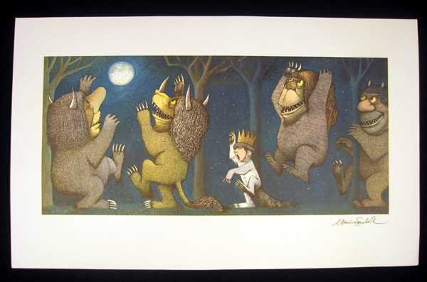 Maurice Sendak ILLUSTRATION WHERE THE WILD THINGS ARE: Details: This lot consists of the artwork shown in the corresponding images.This poster shows the protagonist Max, crowned and dressed in a wolf costume, dancing playfully with four of the Wild Thing