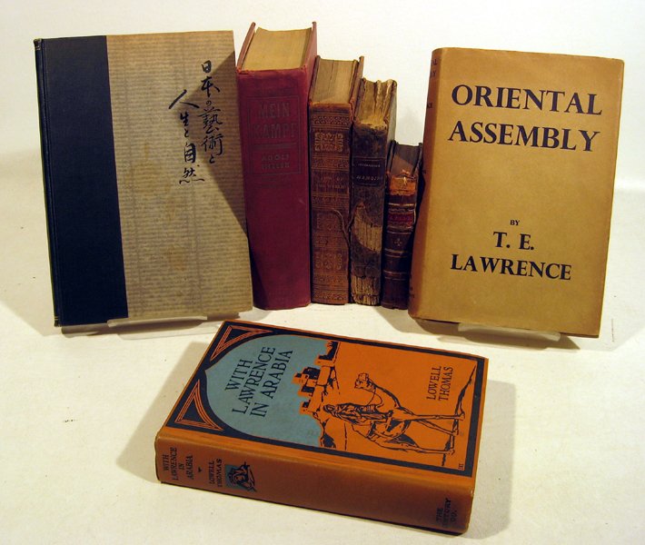 7V Lawrence Arabia Oriental Assembly VINTAGE & ANTIQUE: Book Details: This lot consists of the vintage and antique world history volumes shown in the following image(s). Titles include "View of the World," "With Lawrence in Arabia," and "Mein Kampf." To in