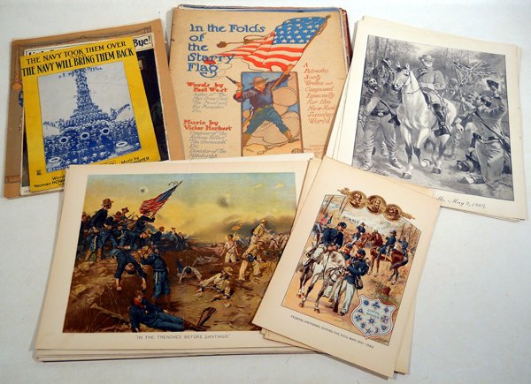 35Pcs Chromolithographs ANTIQUE CIVIL WAR & MILITARY: Details: This lot consists of the approximately 35 Civil War and military lithographs and sheet music shown in the corresponding images. Lithographs date c1897 and include chromolithographs of Uniform