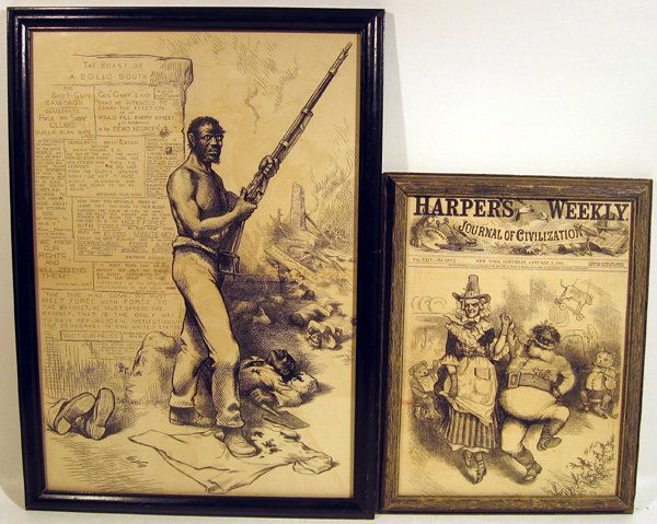 2Pcs Harper's Weekly Cover Framed THOMAS NASH: Details: This lot consists of the Thomas Nast lithographs shown in the corresponding images.These framed lithographs include the cover for Saturday, January 3, 1880. This piece measures approximately