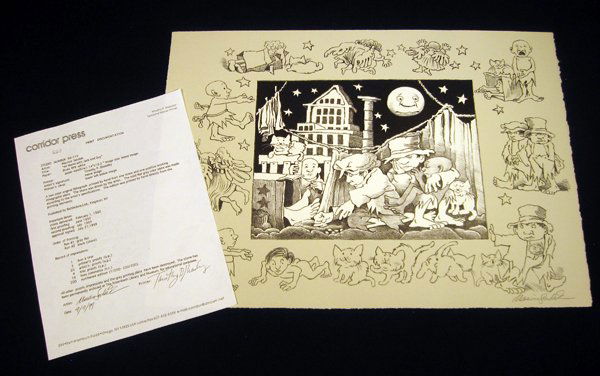 Maurice Sendak AT HOME WITH JACK AND GUY 1999: Details: This lot consists of the artist-signed two-color lithograph shown in the following image(s).The dimensions of this piece are approximately 20" x 15". The top edges are smooth and the side ed