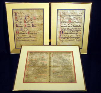 3Pcs FRAMED VELLUM MANUSCRIPT LEAVES Latin Texts: Details: This lot includes the group of framed vellum manuscript leaves shown in the corresponding image(s). The two of these texts is printed in red and black, with accompanying musical score. The L