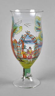 Wiener Werkstätte Dekorationsglas: Formentwurf Joseph Hoffmann um 1916, aus dem "Glasservice I", bemalt von Hilda Jesser, signiert, ausgeführt von Josef Gerner oder Johann Oertel & Co. Haida , klares Glas, die angesetzte Kuppa optisch