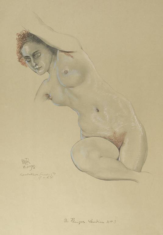 Nach Max Klinger, "Studie nach grauen Gruppe?, Mann und: weiblicher Akt mit erhobenem Arm, Lichtdruck auf grünlichem Papier, im Medium bezeichnet "MK 15.11.1902 Reproduktion Sorrel u. Co.G.m.b.H.", sowie "M. Klinger Studien No. 3" und betitelt, rechts unte