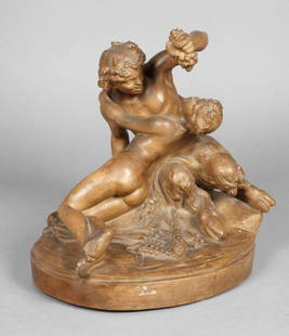 Italien Faun und Nymphe: um 1900, Manifattura di Signa bei Florenz, Terracotta matt bemalt, Faun auf einem Felsen sitzend und eine schmachtende Nymphe mit Trauben fütternd, am Fuß eine oberflächliche Fehlstelle, H 35 cm.