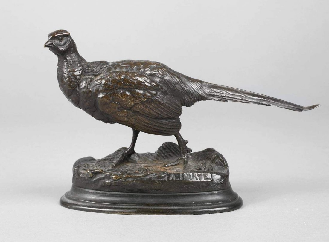 Alfred Barye, Fasan: Atelier Antoine Louis Barye, um 1870, seitl. an der Plinthe sign. A. Barye, Bronze dunkelbraun patiniert, äußerst detaillierte Darstellung des prächtigen Hühnervogels, fein ziselierte Oberflächen