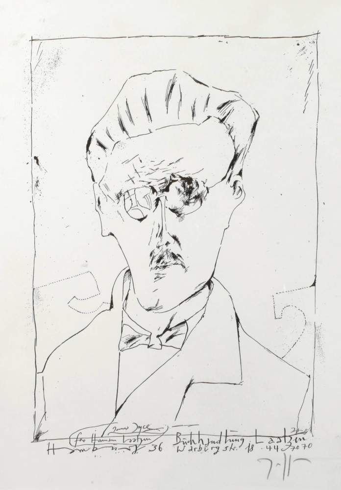 Horst Janssen, „James Joyce“: Portrait des Schriftstellers James Joyce, Lithografie, um 1970, unter der Darstellung handsigniert „Janssen“, im unteren Bereich der Darstellung im Druck bezeichnet „James Joyce/für Hermann Laa