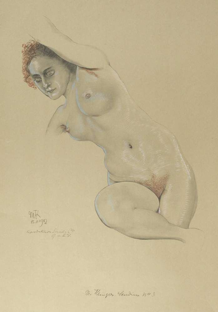 Nach Prof. Max Klinger, "Studie zur grossen Gruppe?,: weiblicher Akt mit erhobenem Arm, Lichtdruck auf grünlichem Papier, im Druck bezeichnet "MK 15.11.1902 Reproduktion Sorrel u. Co.G.m.b.H." sowie "M. Klinger Studien No. 3" und teils undeutlich betite