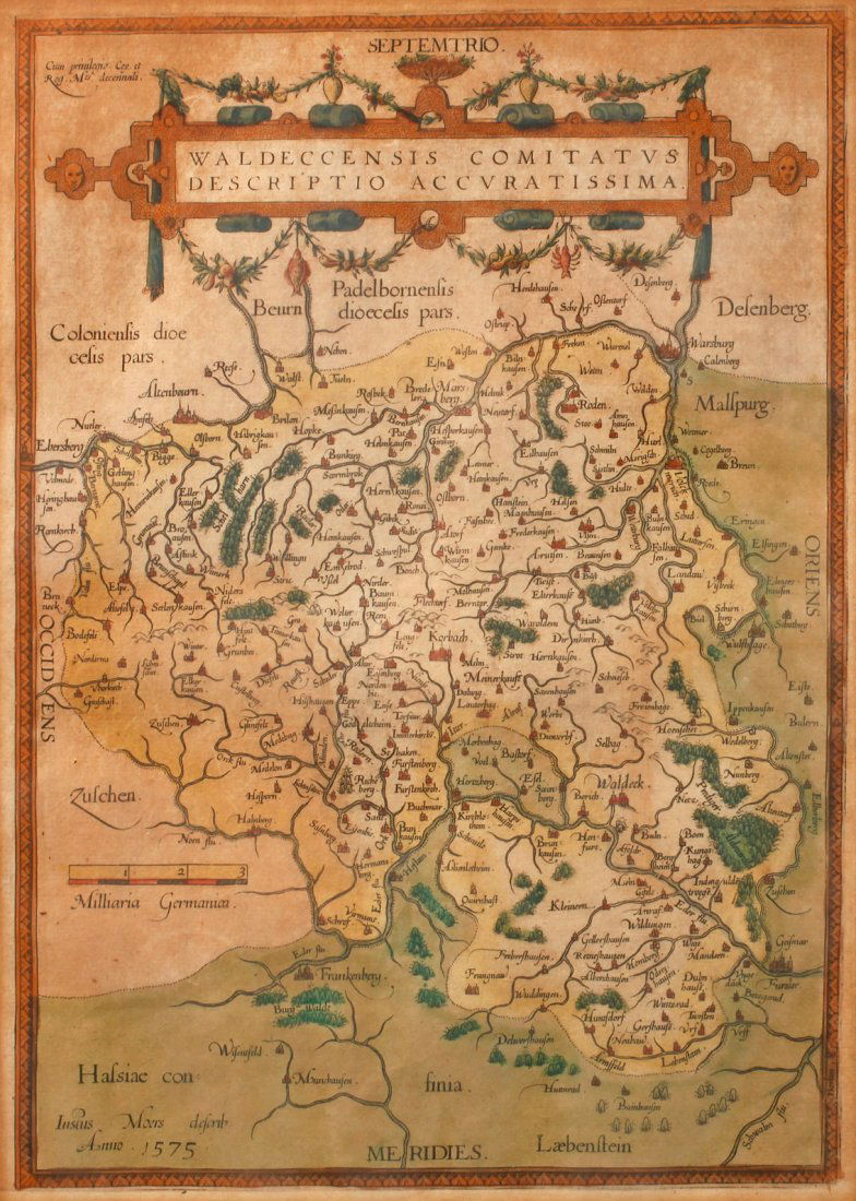 Justus Moers, Karte Waldeck: Darstellung des Gebietes zwischen Warsburg, Geismar, Münchhausen und Ebersberg, oben mittig Kartusche „WALDECCENSIS COMITATUS DESCRIPTIO ACCURATISSIMA.“, handkolorierter Kupferstich, unten links