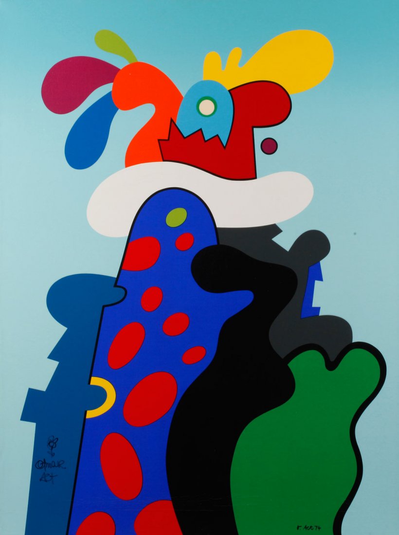 Otmar Alt, "Butterblumenfranz": farbenprächtiges Arrangement aus organisch geformten Flächen vor hellblauem Hintergrund, Farbsiebdruck auf Leinwand, rechts unten handsigniert und datiert „O. Alt (19)74“, links nochmals signier