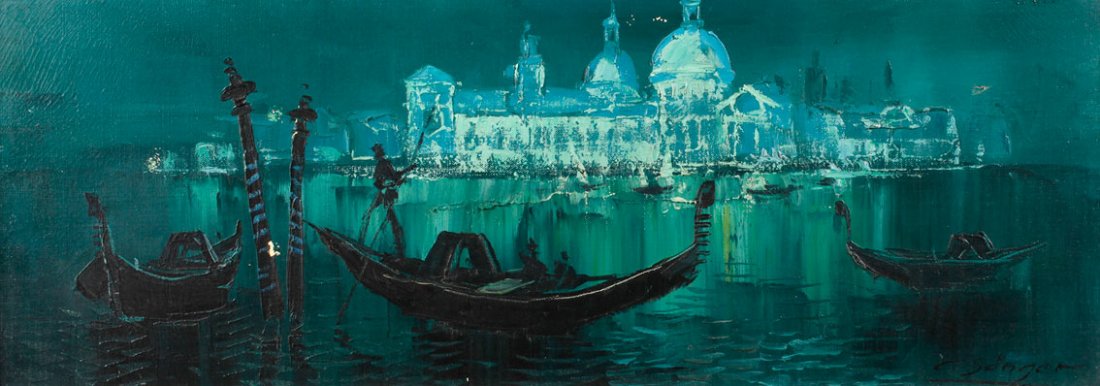 Sänger, "Venedig": nächtlicher Blick, vorbei an Gondeln, auf die Silhouette von Santa Maria della Salute am Canal Grande in Venedig, lasierende, teils pastose Malerei in monochromer Farbigkeit, Öl auf Leinwand, um 197