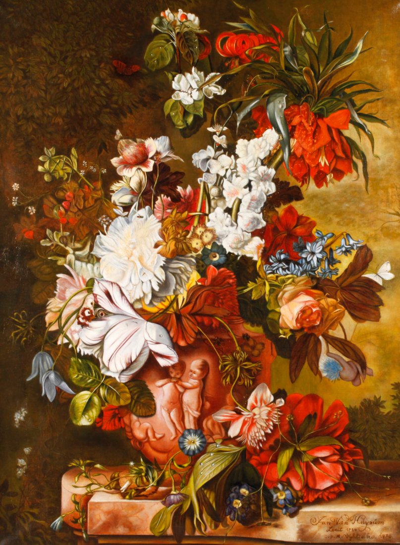 M. Vyhlidka, Blumenstillleben nach Jan van Huysum: üppiges Blumenarrangement aus Tulpen, Rosen, Ackerwinden, blühendem Apfelzweig, Hyazinthen, Türkenbundlilien, Kaiserkrone und anderen Blüten in Zierurne auf Tischplatte, fein lasierende Kopie nach