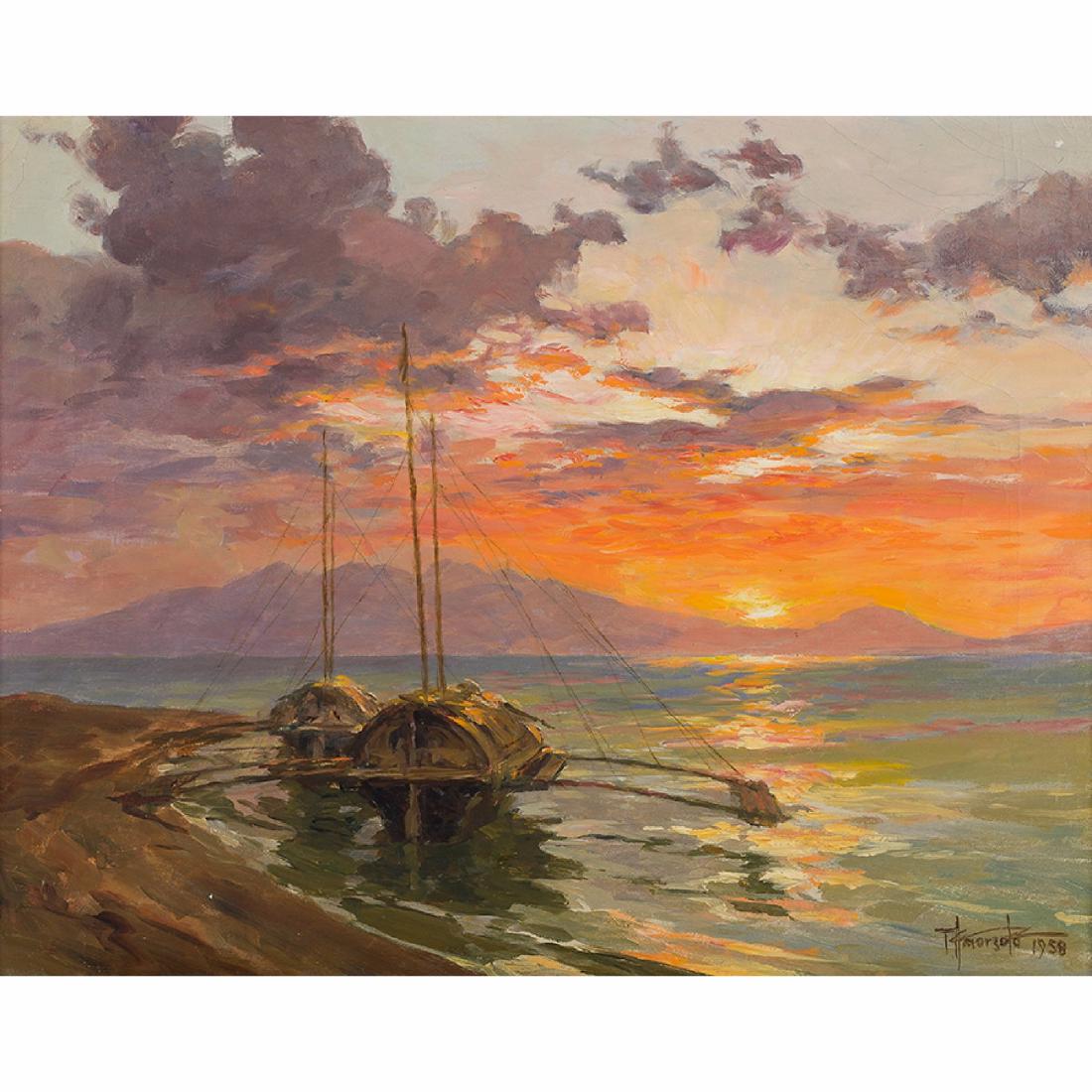 FERNANDO AMORSOLO (1892 - 1972): Sunrise 1958 Oil on canvas 53.3 x 39.4 cm (21 x 15 1/2 in) In his book Amorsolo (1975), Alfredo R. Roces stated, “He gave the nation a sense of confidence in its culture, pride in its beauty, joy in