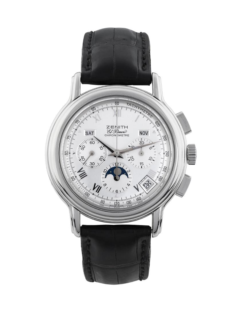 ZENITH - El Primero Triple Calendar Chronomaster, 38mm: Mechanical: Hand-winding chronograph Silvered dial with applied Roman numerals and triangle markers, outer tachymetre track, dauphine hands, sweep center seconds, 3 sub-dials indicating hours, minutes