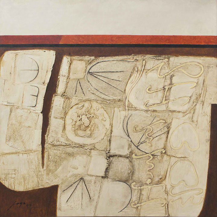 Jose Joya (1931–1996): Lalake at Babae - 1971 Oil on canvas 121.9 x 121.9 cm (48 x 48 in) Landscape and horizon meet as National Artist Jose Joya charts the topography of man, woman, earth and sky in this significant work f