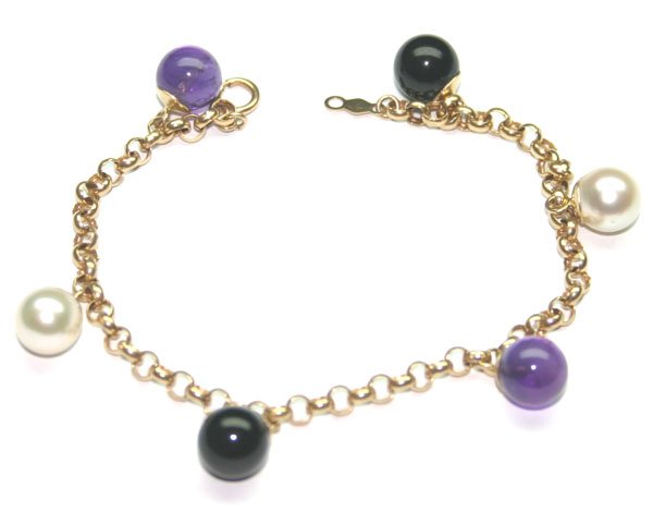 8mm PEAL-AMETHYST-ONIX 14kt GOLD BRACELET.
