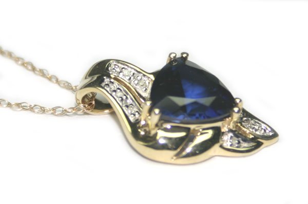 3.50 DIA & LAB SAPPH 10K GOLD PENDANT+ CHAIN . - 2