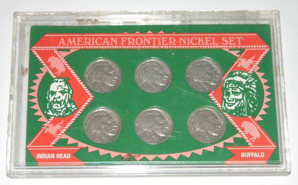 AMERICAN FRONTIER NICKEL SET .: AMERICAN FRONTIER NECKEL SET FROM 1928 TO 1937 . THE DISPLAY CONTAINS 6 NICKELS . Circa: Contemporary