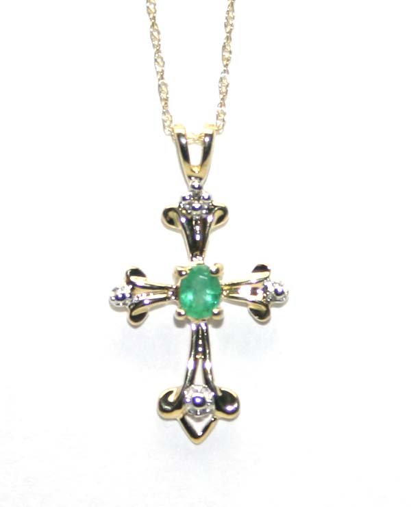 0.35 CT EMERALD & DIAMOND 10K GOLD CROSS PENDANT
